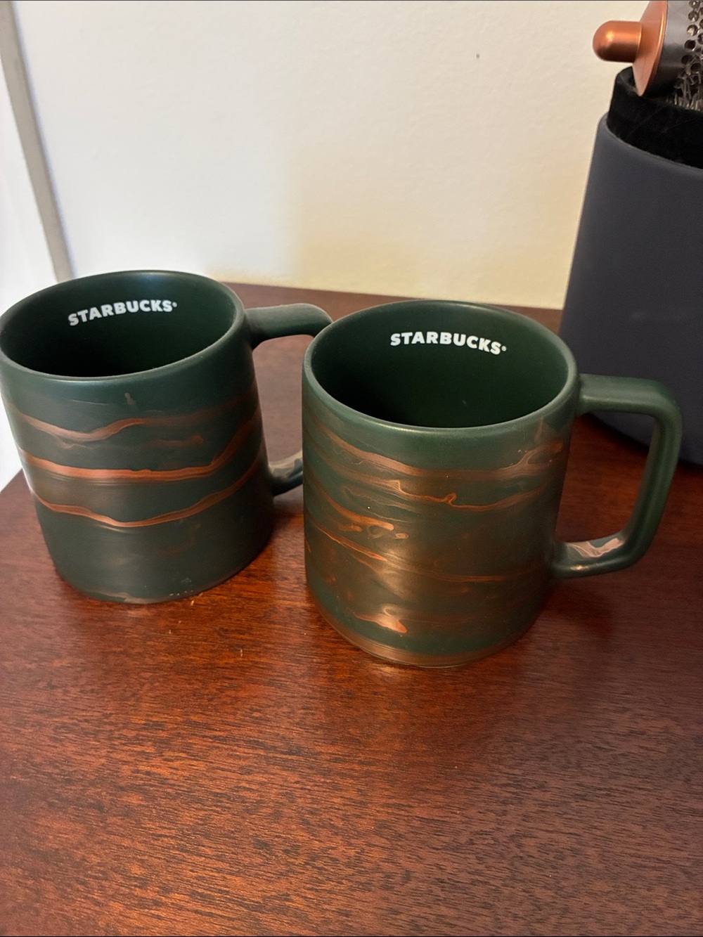 Starbucks Matte Forest Green and Copper Swirl Ceramic Mugs - Set of 2